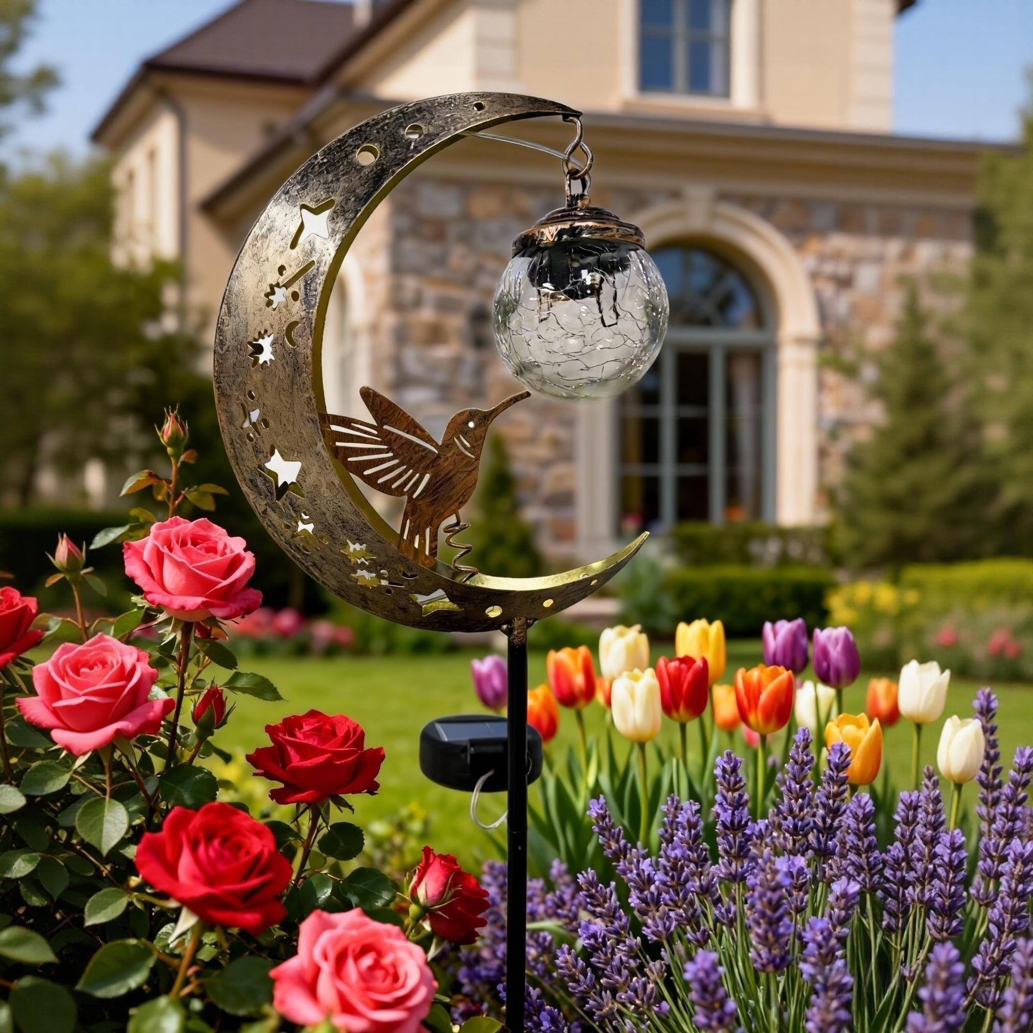 Solar Ground Stake Light, Lawn Decoration Lamp, Yard Lighting, Hollow Iron Bird Moon Design, Includes Broken Glass Ball, Outdoor Garden Pathway Decor, Solar Garden Lights, Garden Decorative Lighting
