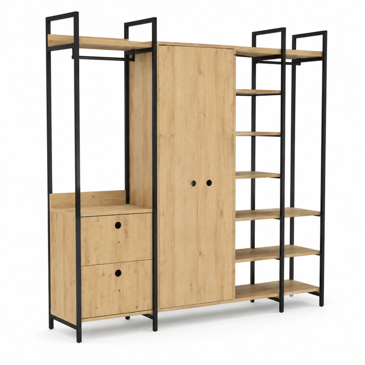 Kleiderschrank Set aus MDF in Holzoptik und Metall mit Regalen-Lumaronix