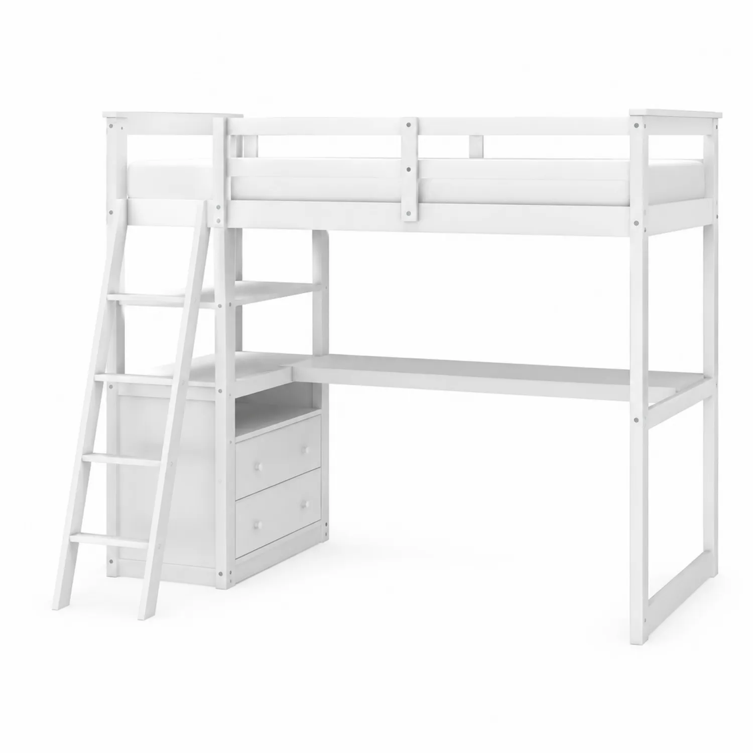 Hochbett aus Massivholz Weiß mit Schubladen und Leiter-Lumaronix