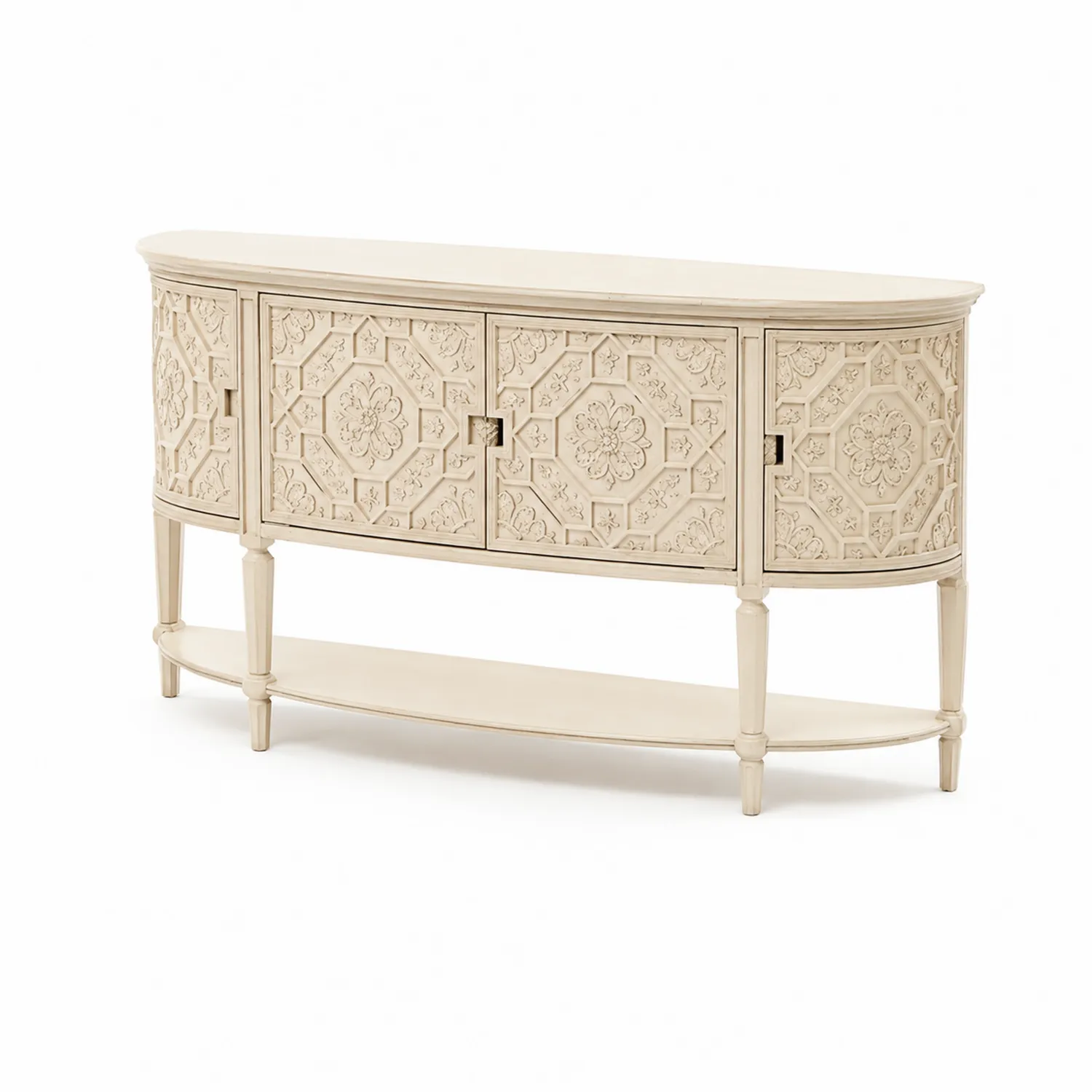 Halbkreis-Konsolentisch Massivholz Beige mit Schnitzerei 120cm-Lumaronix