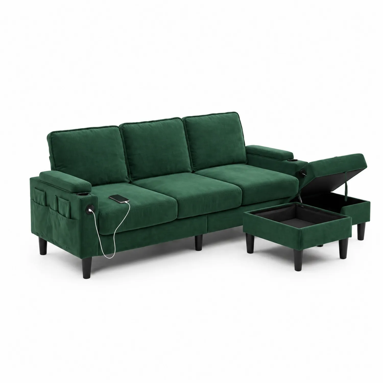Sofa 3-Sitzer Grün Samt mit Stauraum und USB-Anschluss-Lumaronix