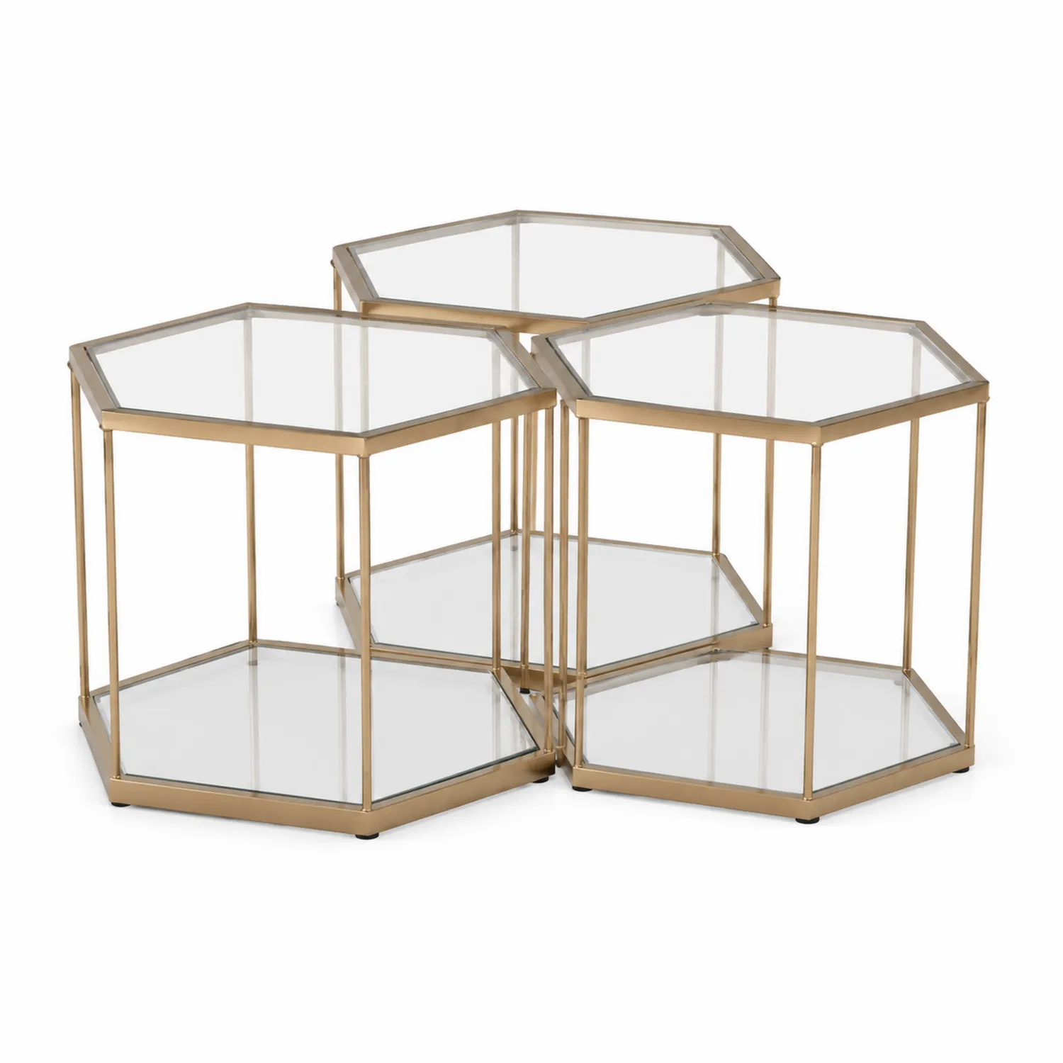 Hexagonale Satztische aus Glas und Metall in Gold-Casdiorin