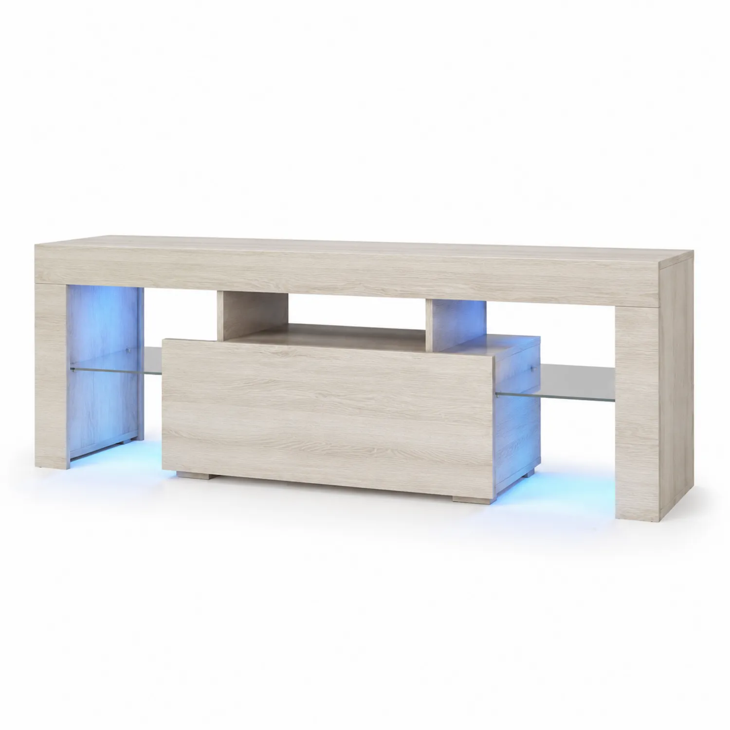 TV-Schrank aus Holzwerkstoff mit LED-Beleuchtung und Glasregal, Eiche-Casdiorin