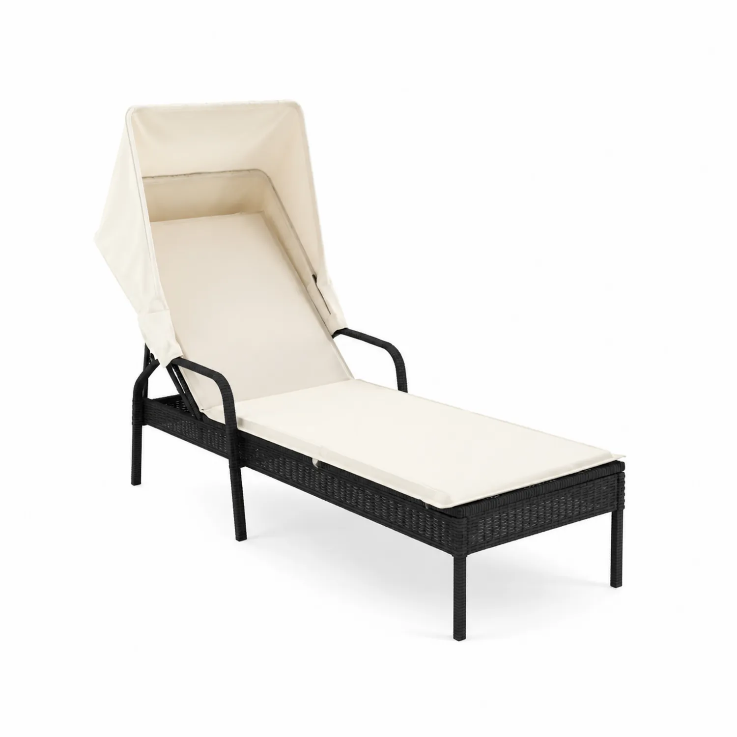 Aluminium Sonnenliege mit verstellbarem Sonnendach und Polyrattan in Schwarz und Creme