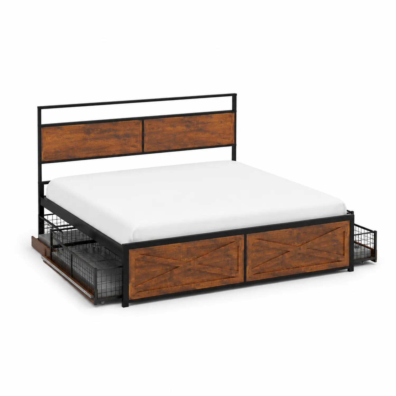 Metallbett mit Holzpaneelen und Metallgitterschubladen, Braun/Schwarz, 200x160 cm
