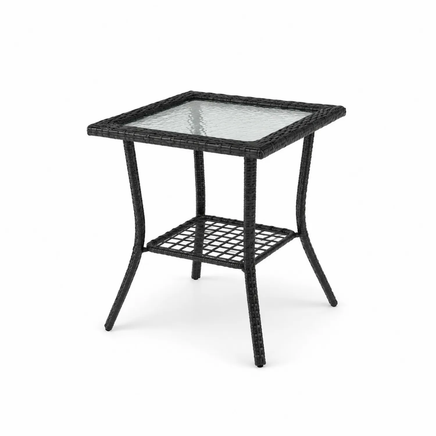 Quadratischer Rattan-Beistelltisch mit gehärtetem Glasplatte, Schwarz