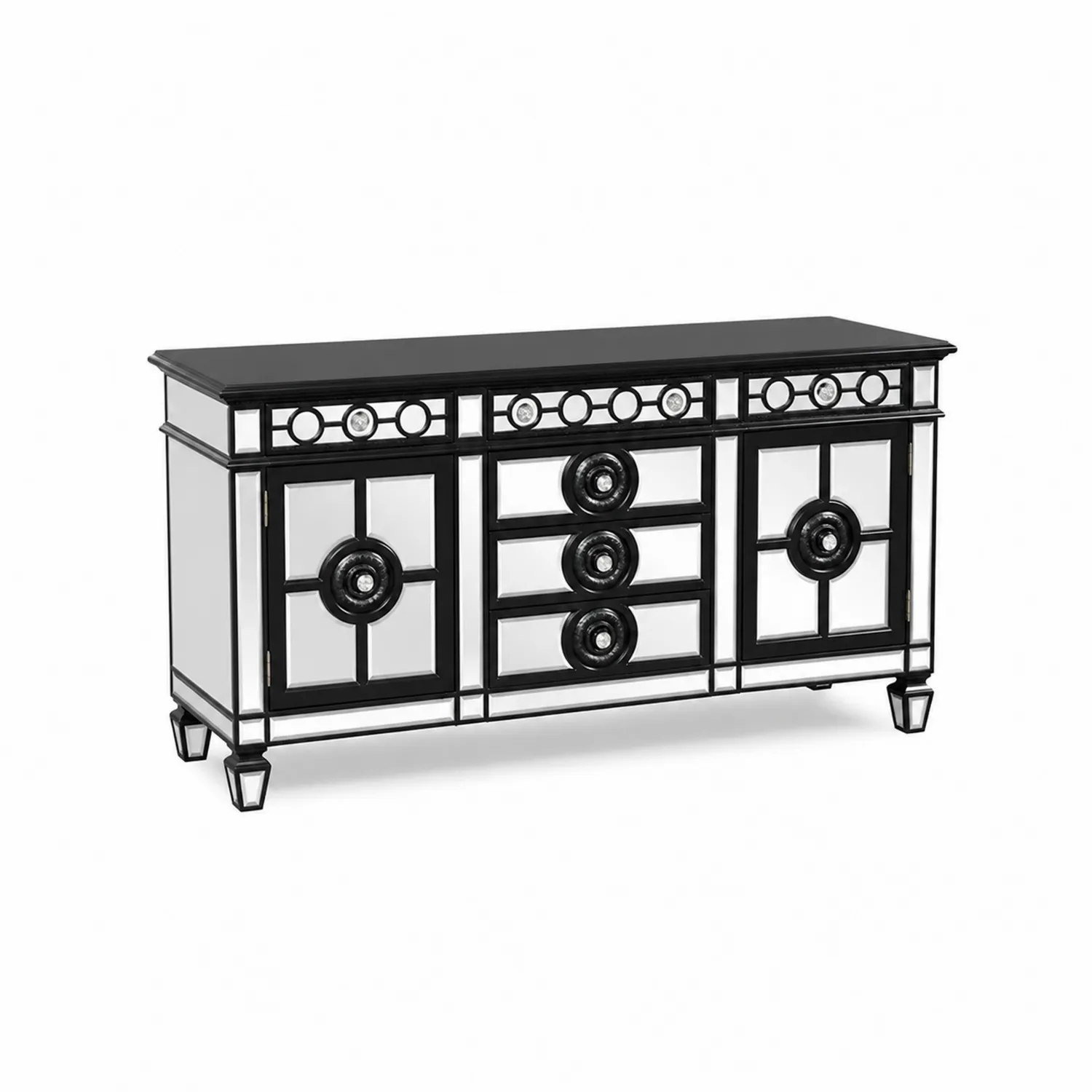 Sideboard aus Massivholz und Kristallspiegelglas in Schwarz 180cm