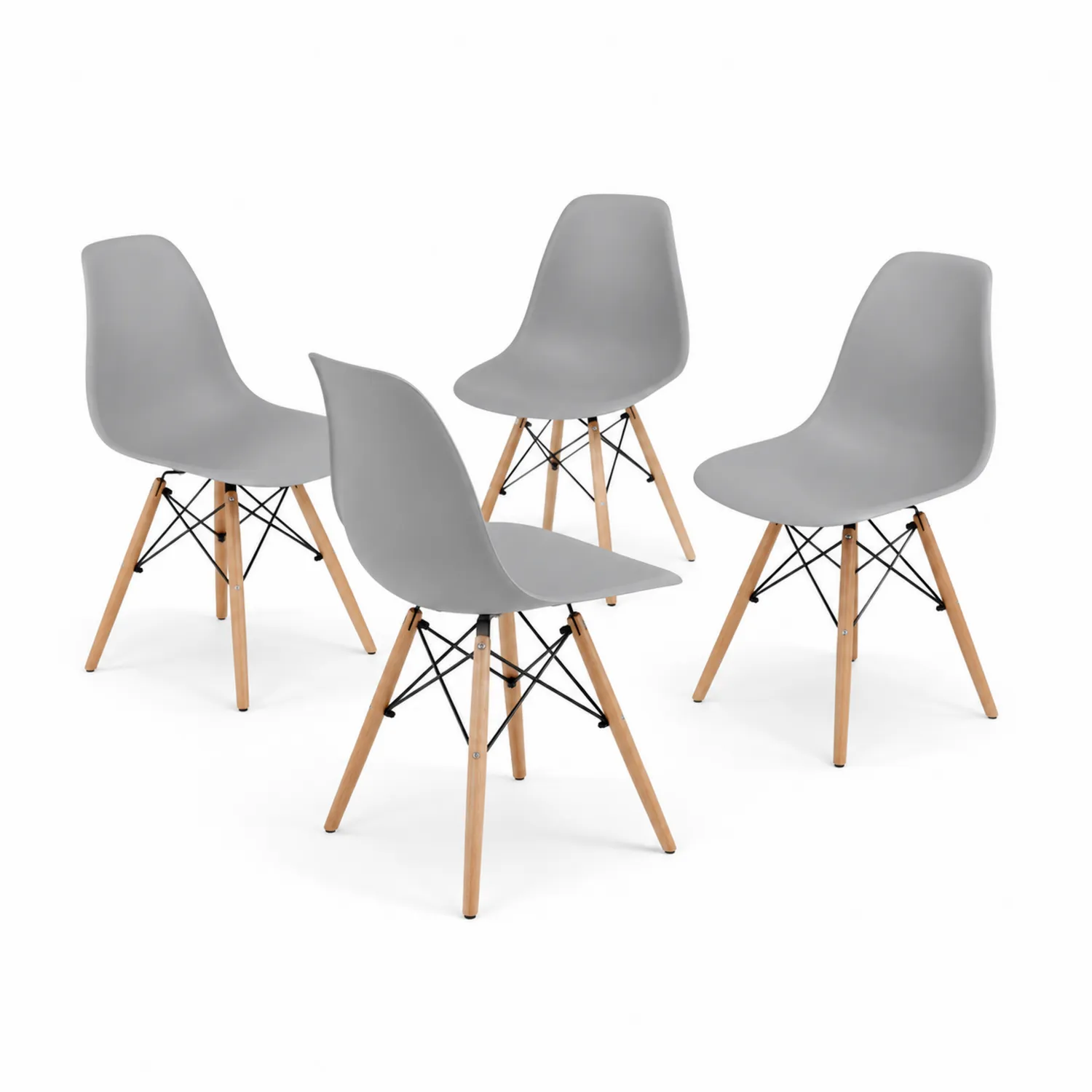 Grau Kunststoff Stühle Set mit Holzbeinen, 4er-Set