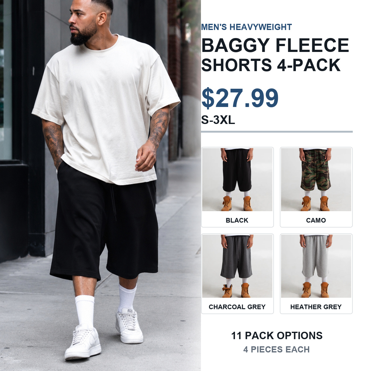 Men's heavyweight baggy fleece shorts four-pack cover