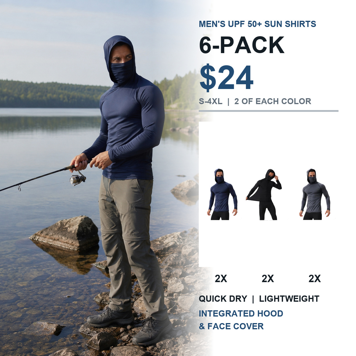 Men's UPF 50+ hooded sun shirt 6-pack cover