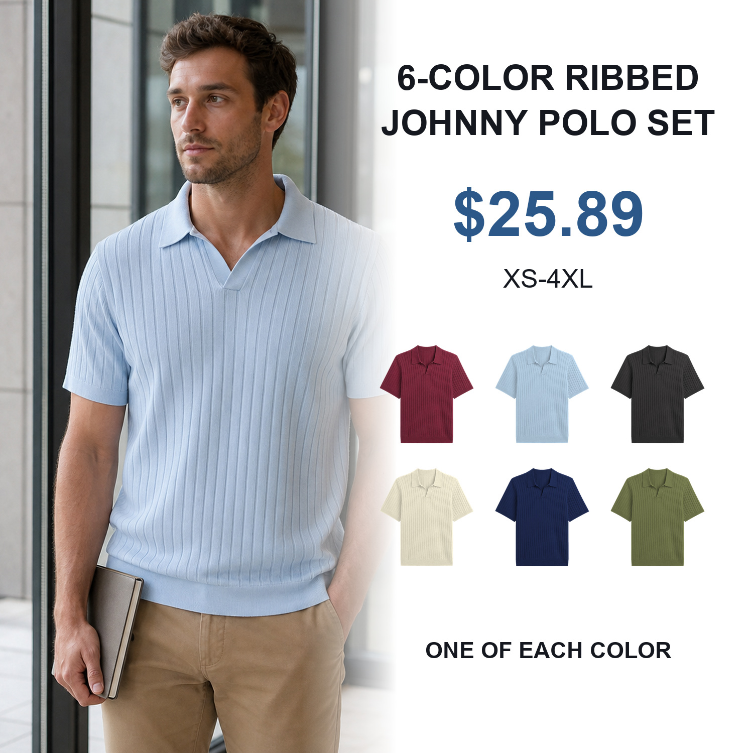 Men's ribbed Johnny collar polo 6-pack and single-color cover