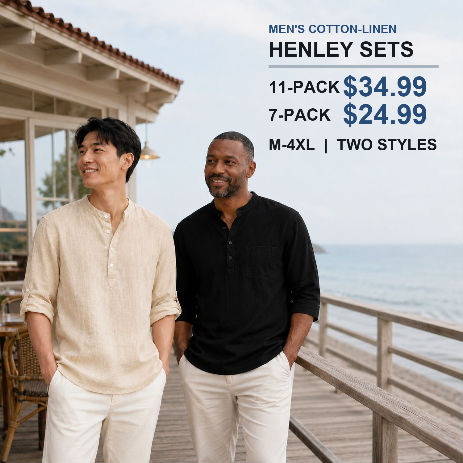 Men's cotton-linen henley mixed-pack cover with two shirt styles
