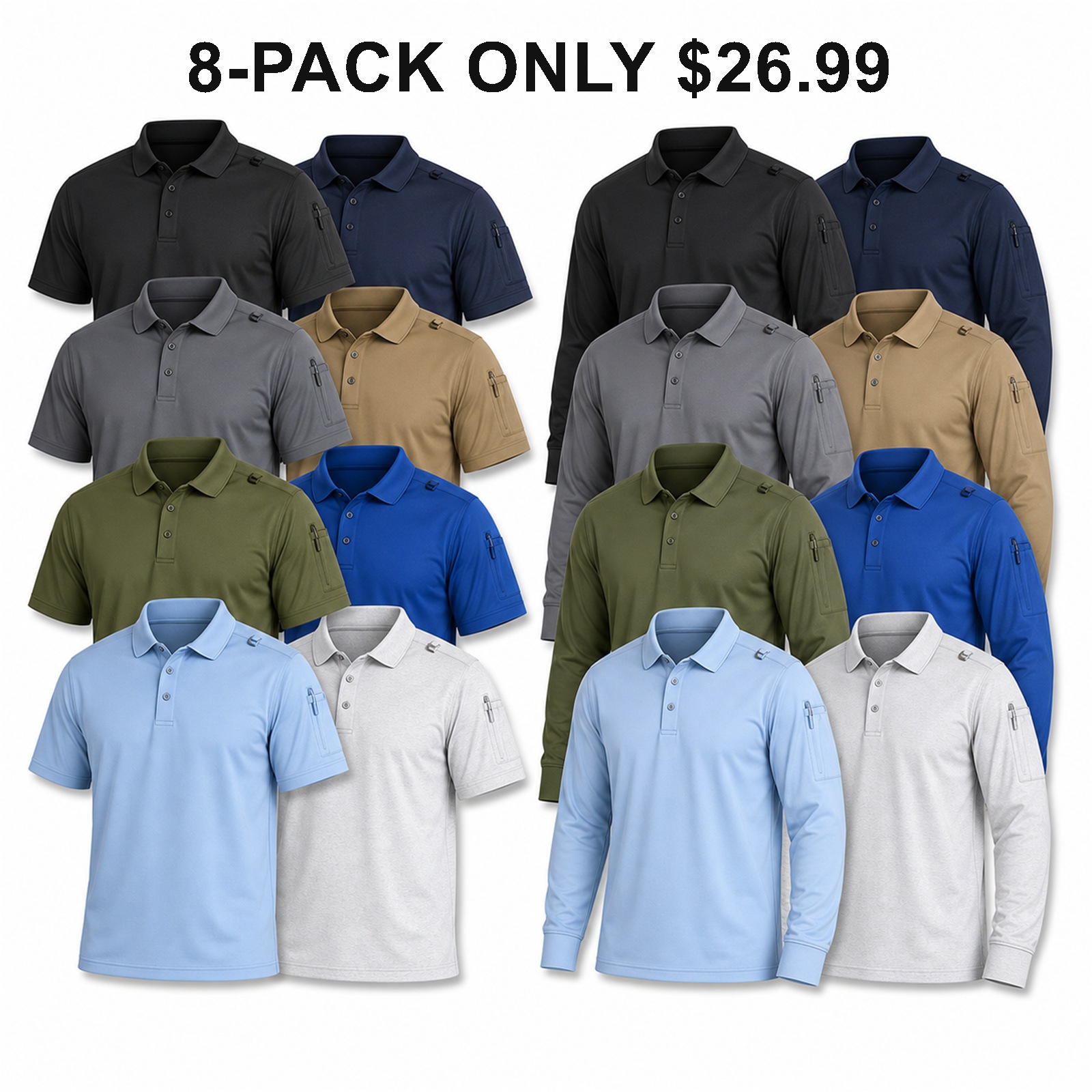 Men's short and long sleeve tactical performance polo shirts 8-pack