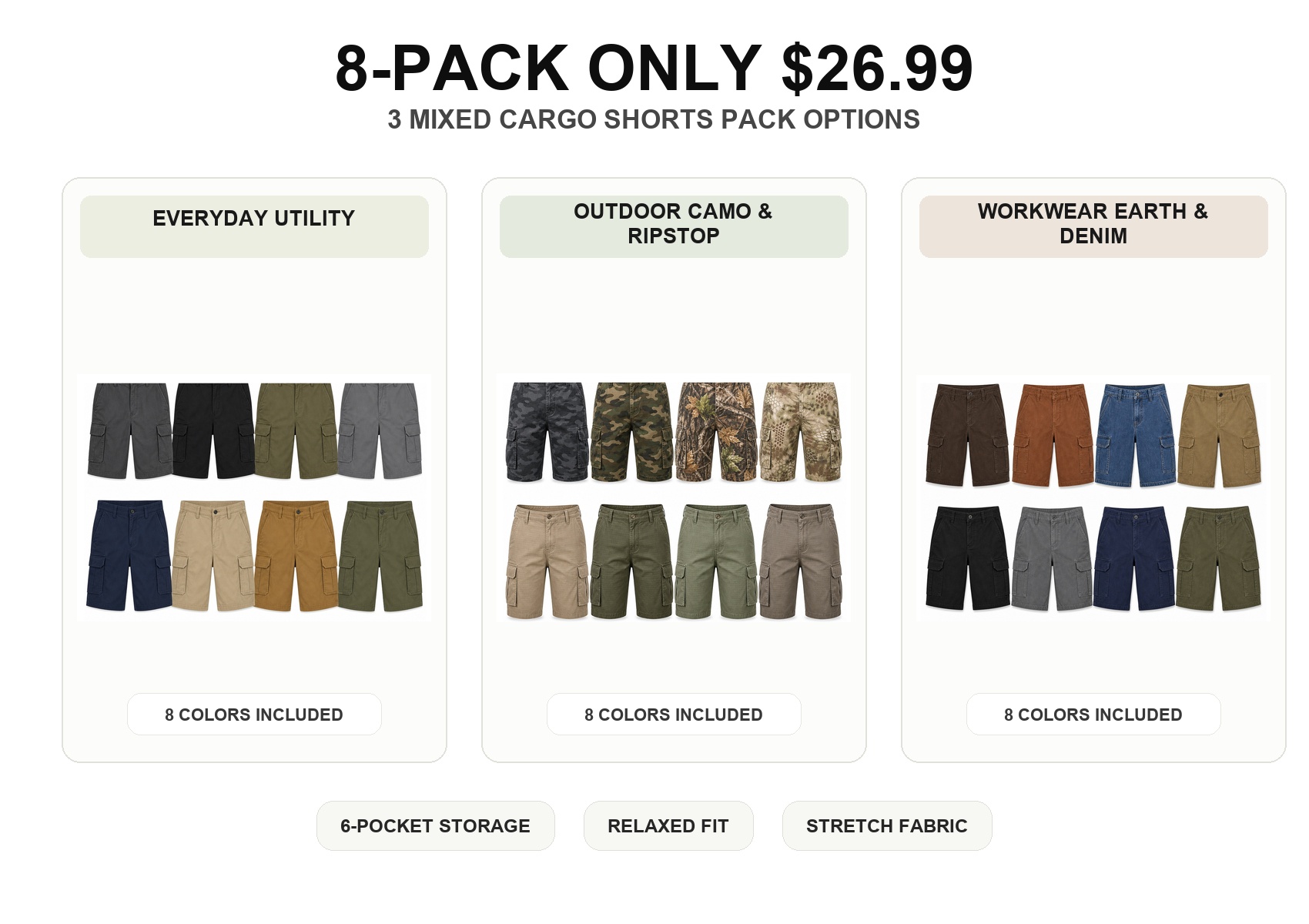 Three mixed 8-pack cargo shorts pack options enlarged one-row main image