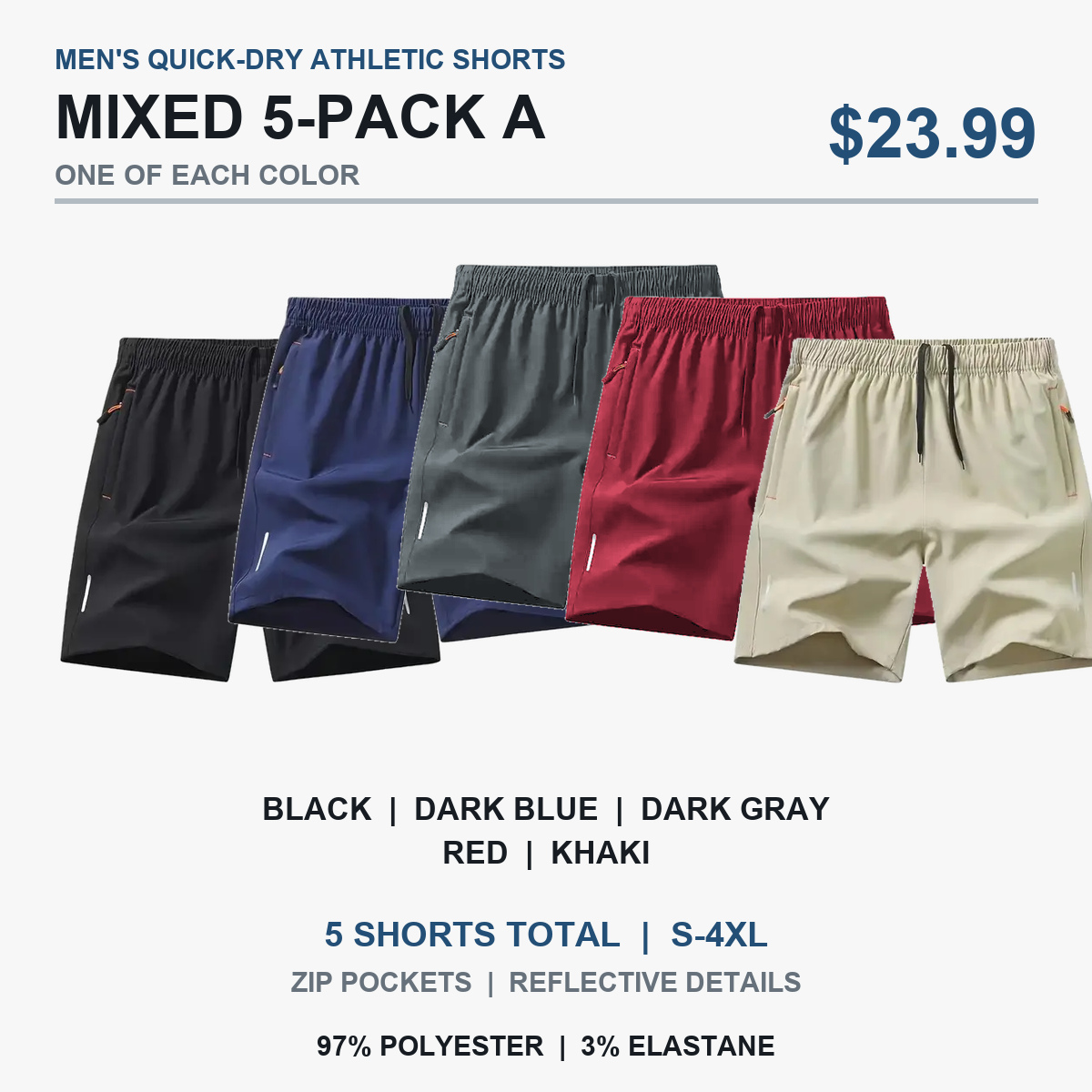 Pack A with Black, Dark Blue, Dark Gray, Red, and Khaki athletic shorts