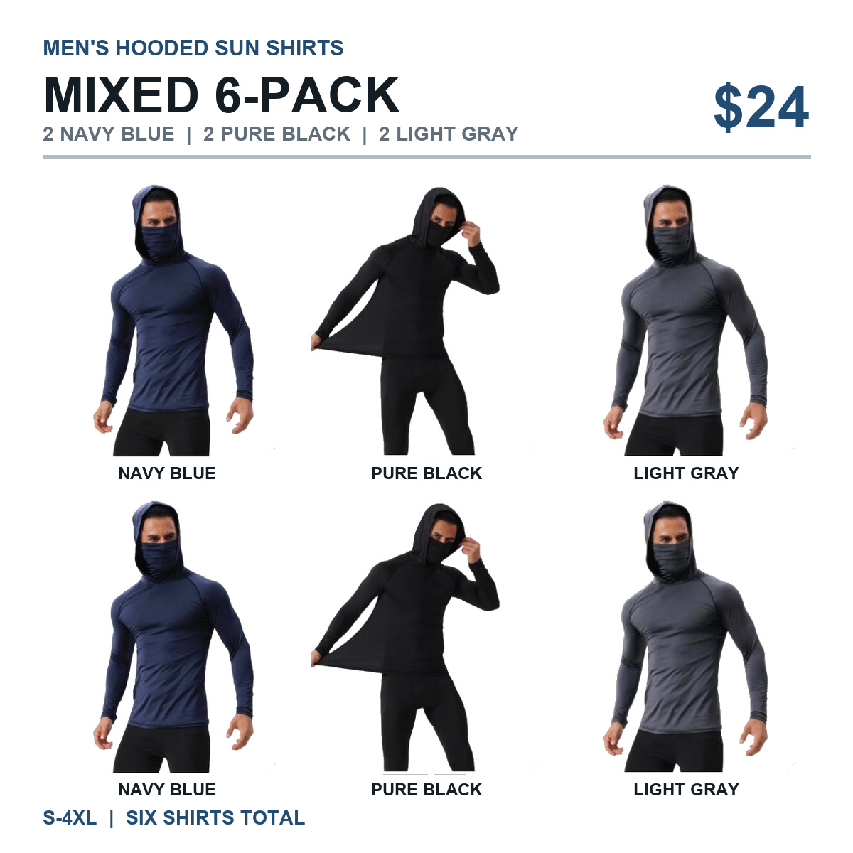 Mixed six-pack with two Navy Blue, two Pure Black, and two Light Gray hooded sun shirts
