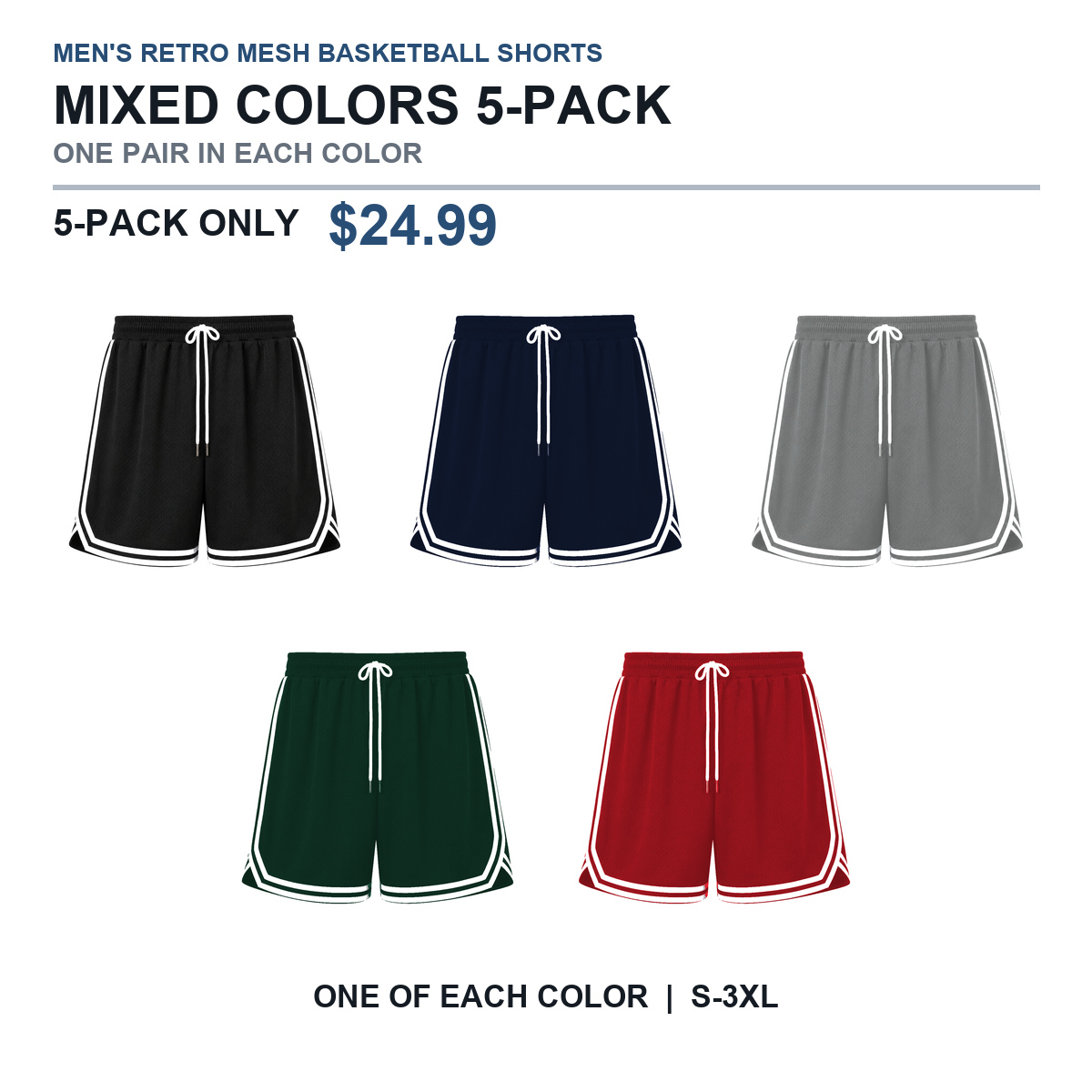 Mixed-color five-pack, one pair in each color