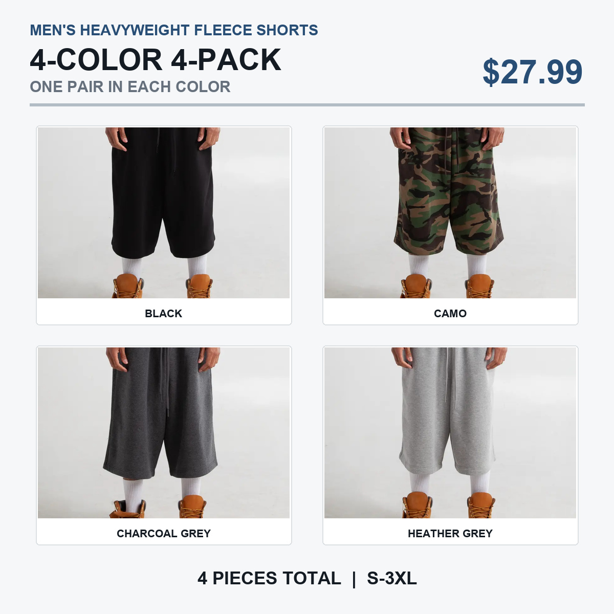 Four-color fleece shorts pack, one of each color