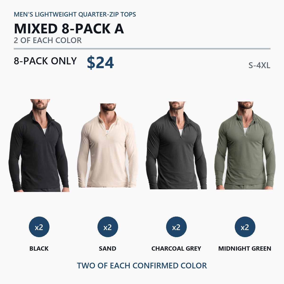 Eight-pack A with Black, Sand, Charcoal Grey, and Midnight Green