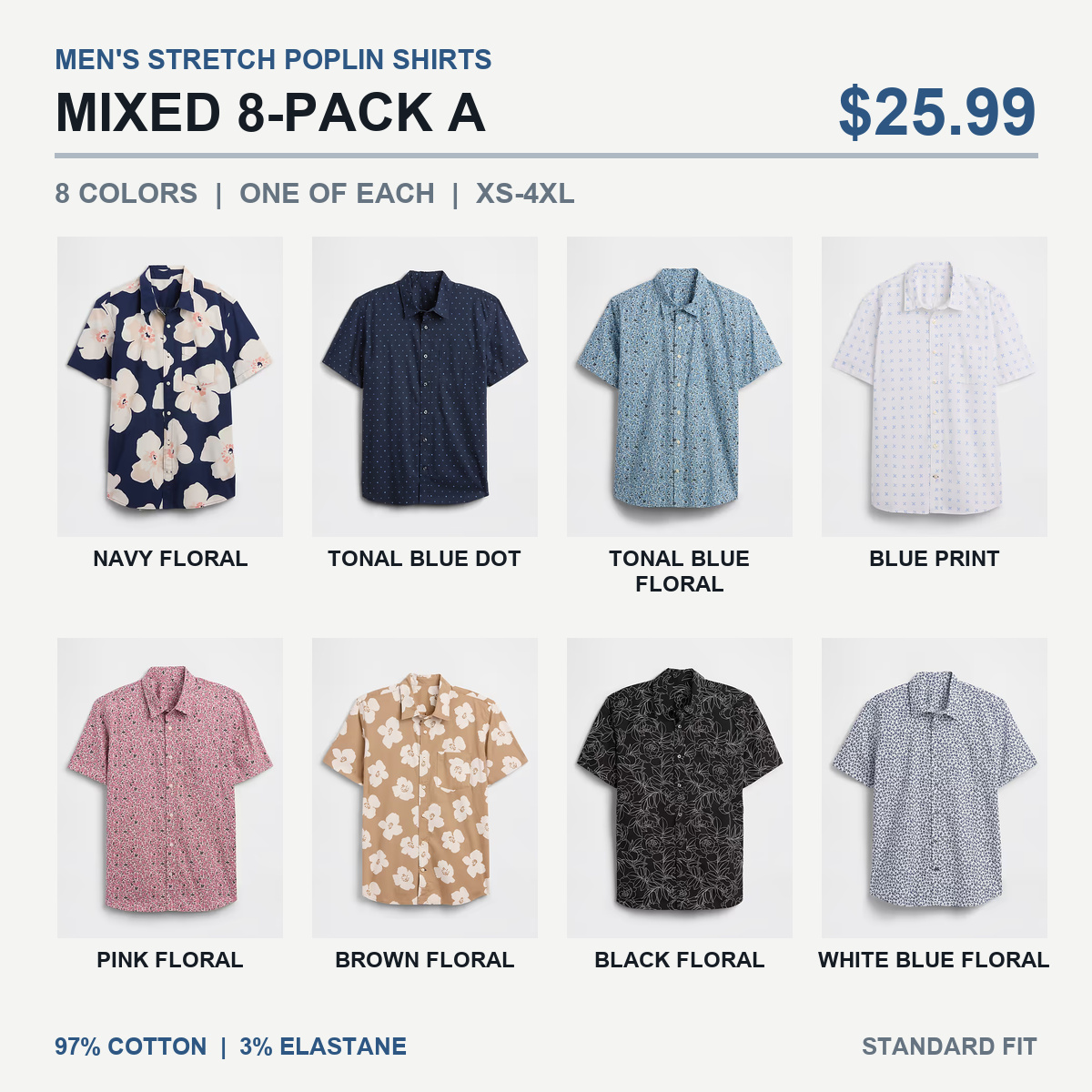 Mixed-color stretch poplin shirt 8-Pack A