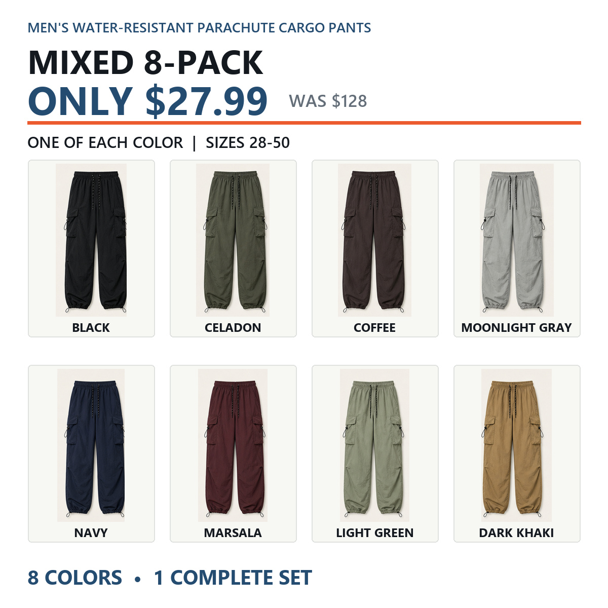 Mixed eight-pack with one pair in each confirmed color