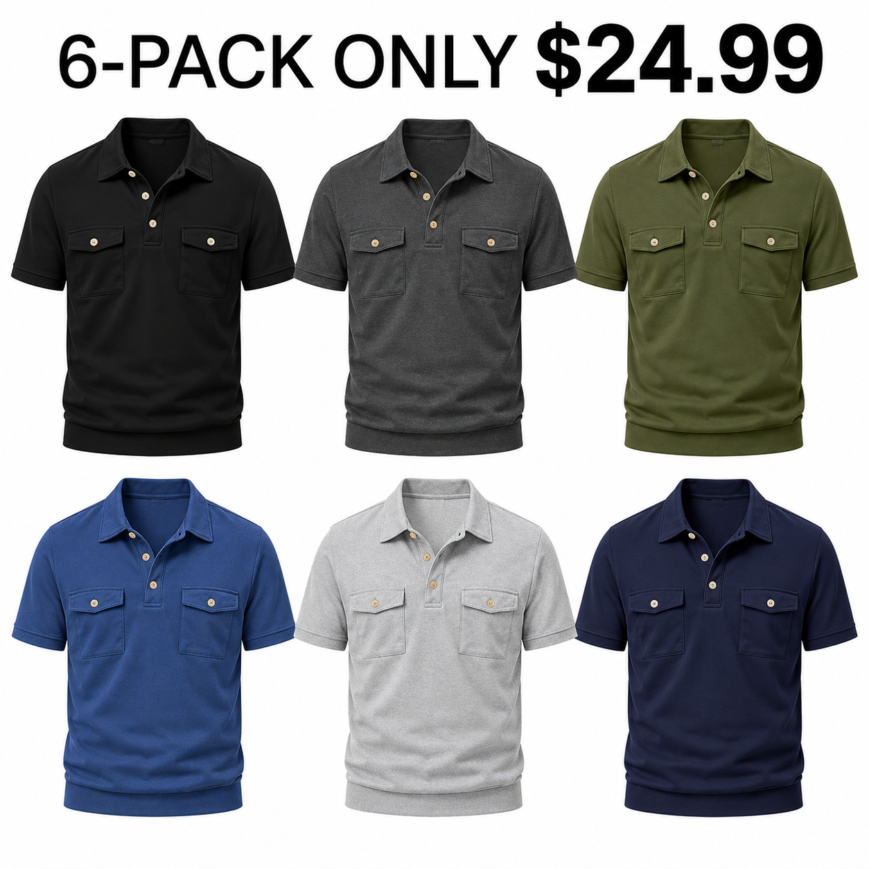 6-color mixed 6-pack short sleeve utility polo shirts