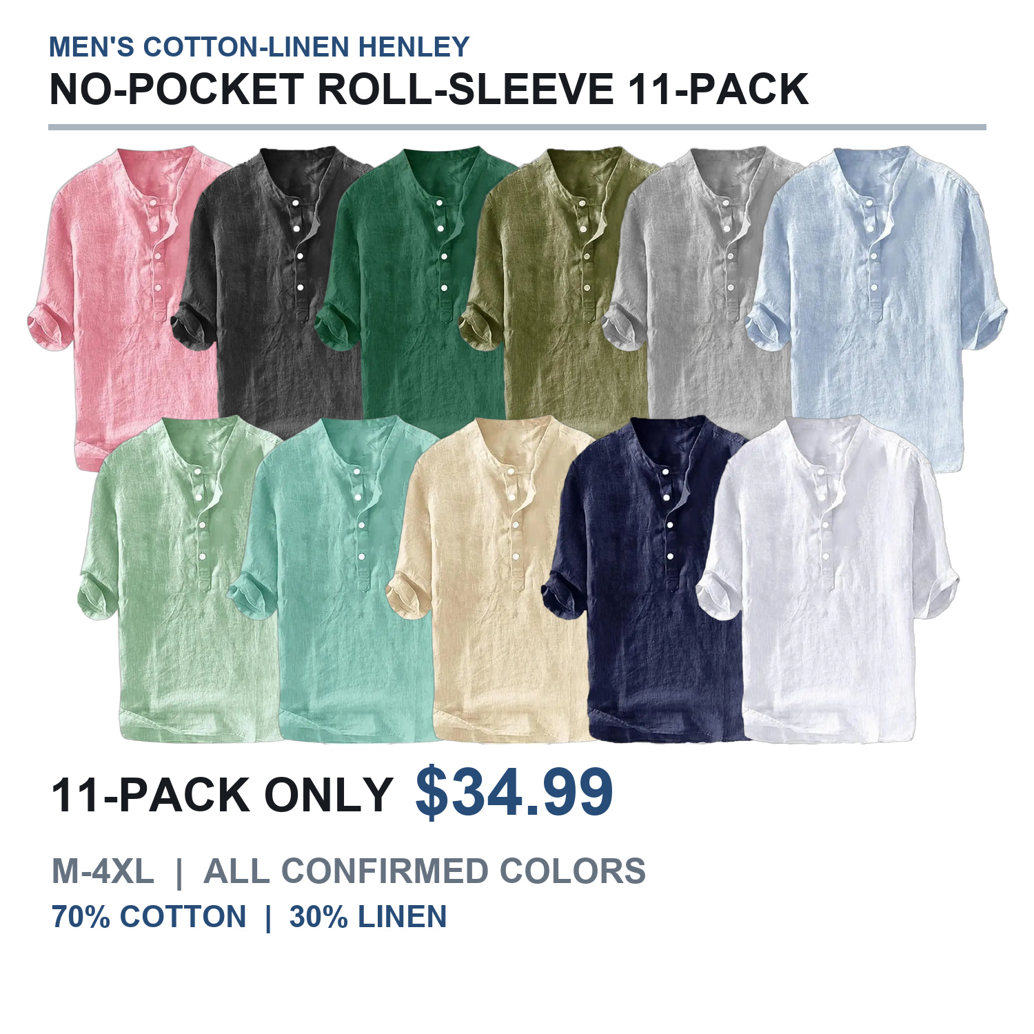 No-pocket roll-sleeve henley shirts eleven-color 11-pack