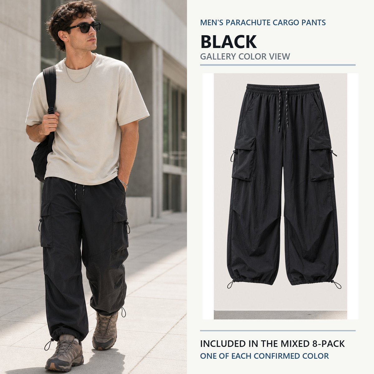 Black parachute cargo pants gallery color view