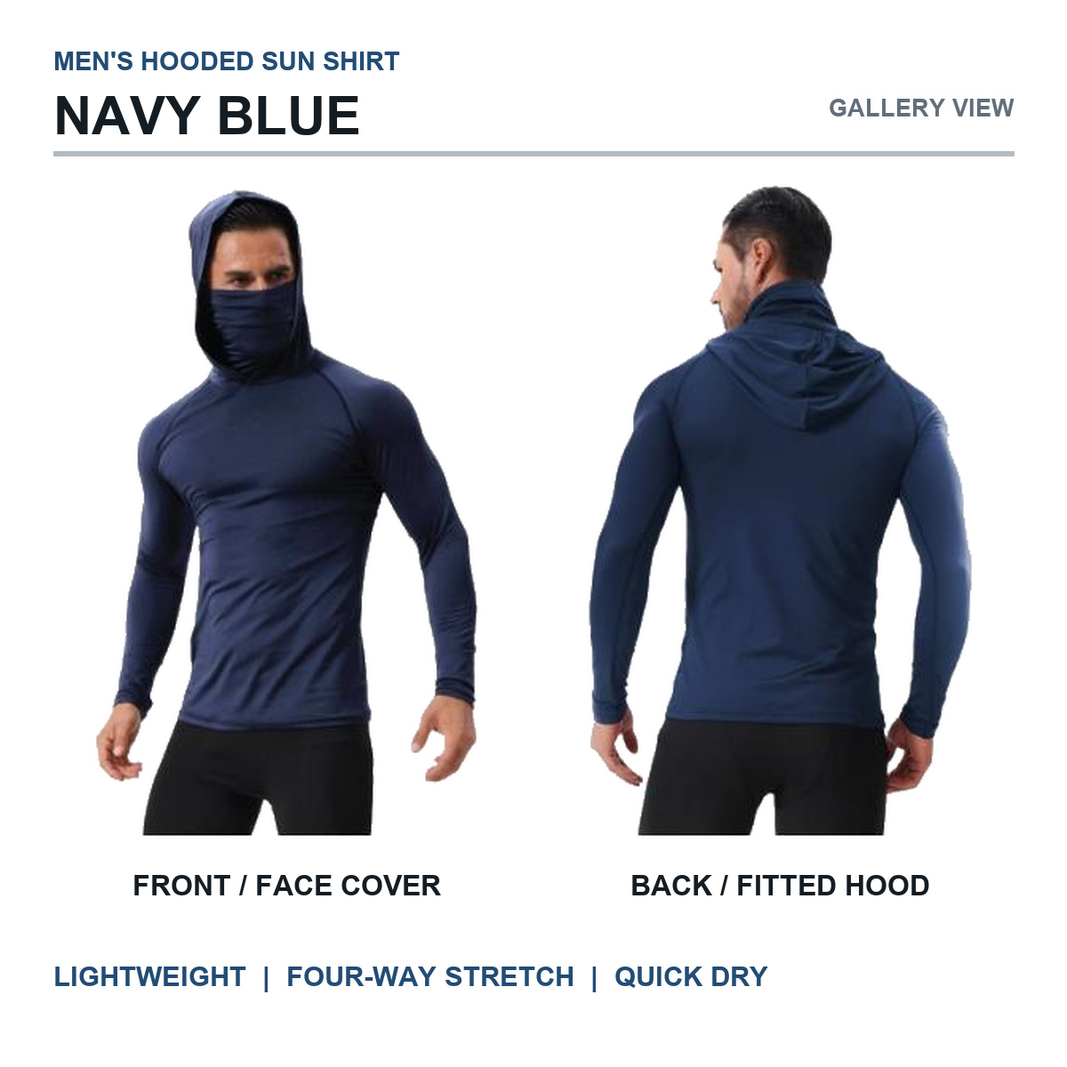 Navy Blue men's hooded sun shirt front and back gallery view