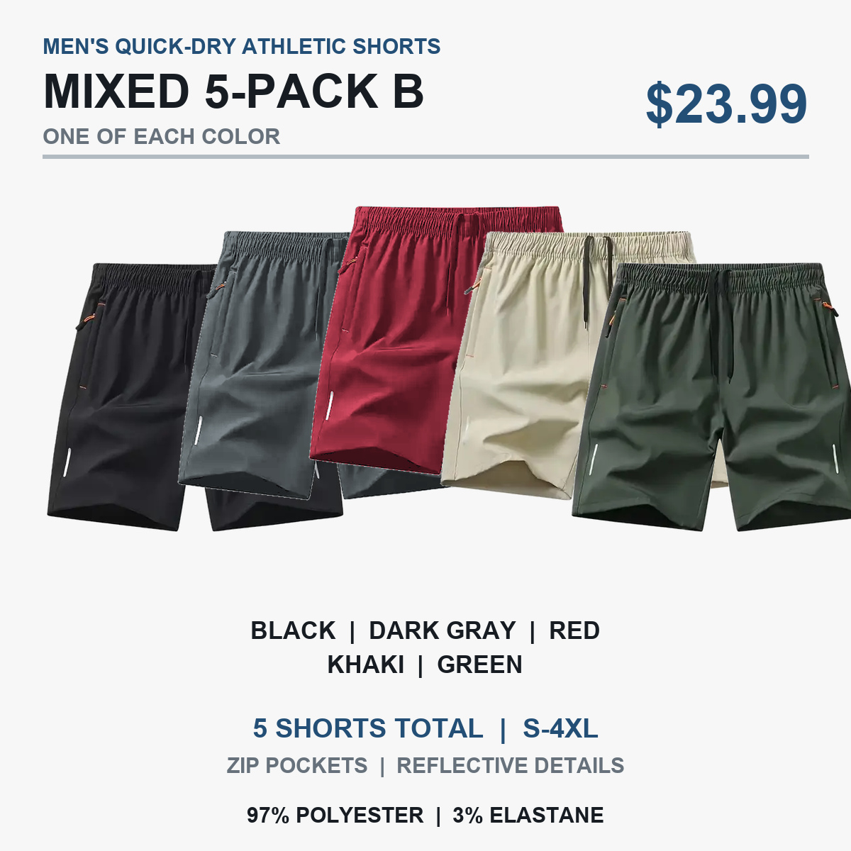 Pack B with Black, Dark Gray, Red, Khaki, and Green athletic shorts