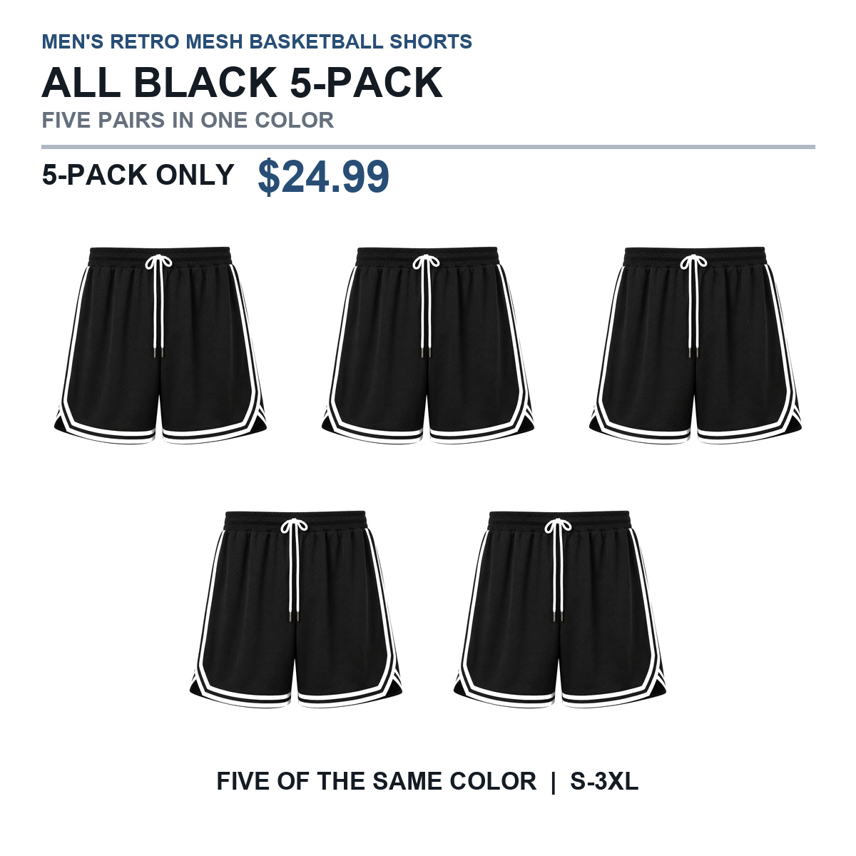 All Black five-pack basketball shorts
