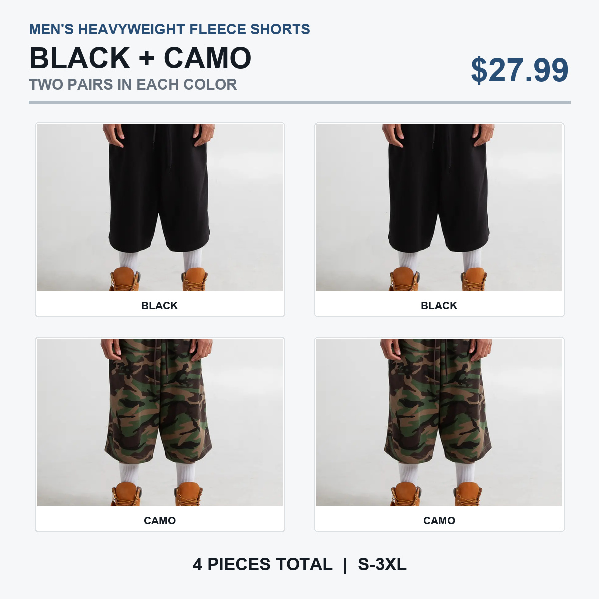 Black and Camo fleece shorts pack, two of each color
