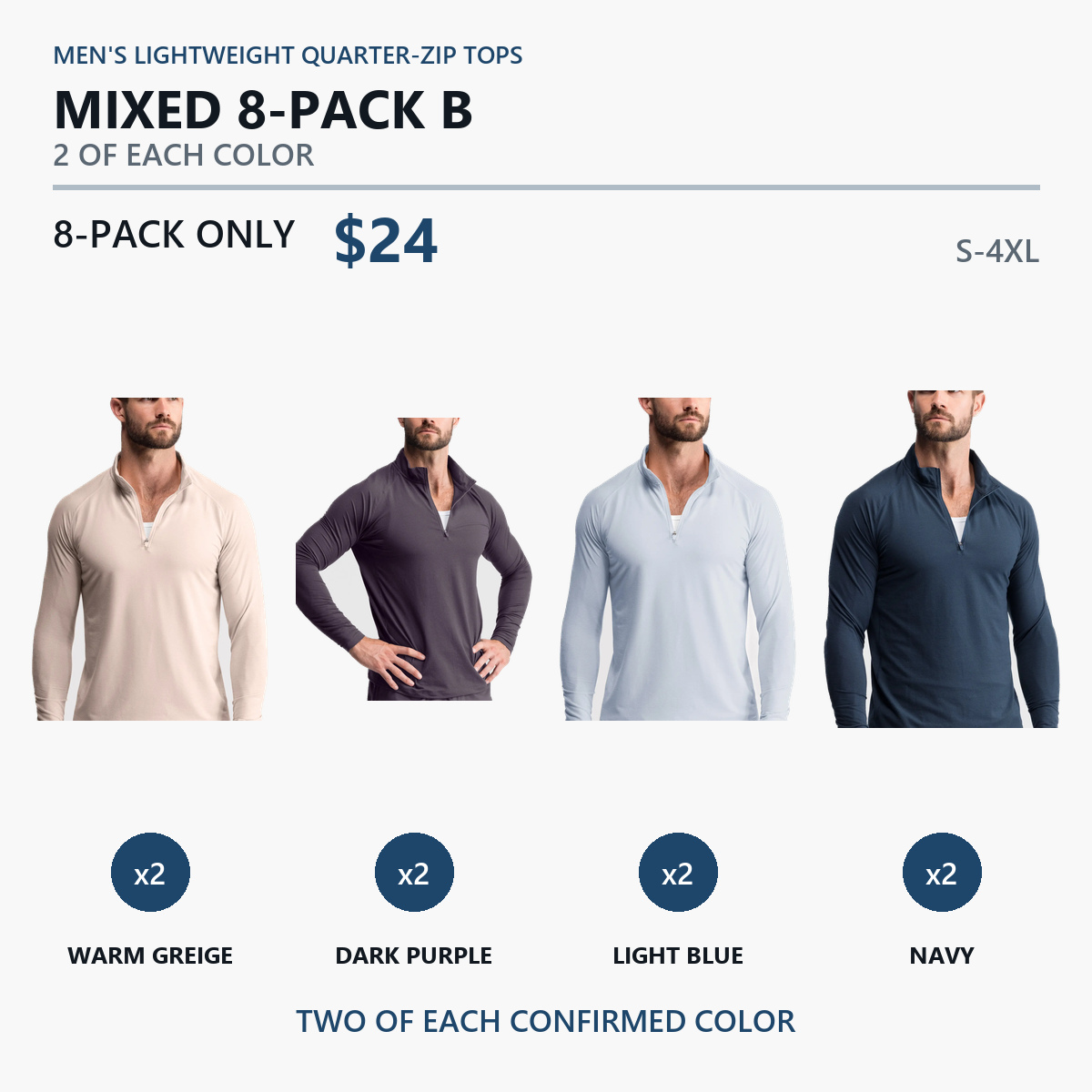 Eight-pack B with Warm Greige, Dark Purple, Light Blue, and Navy