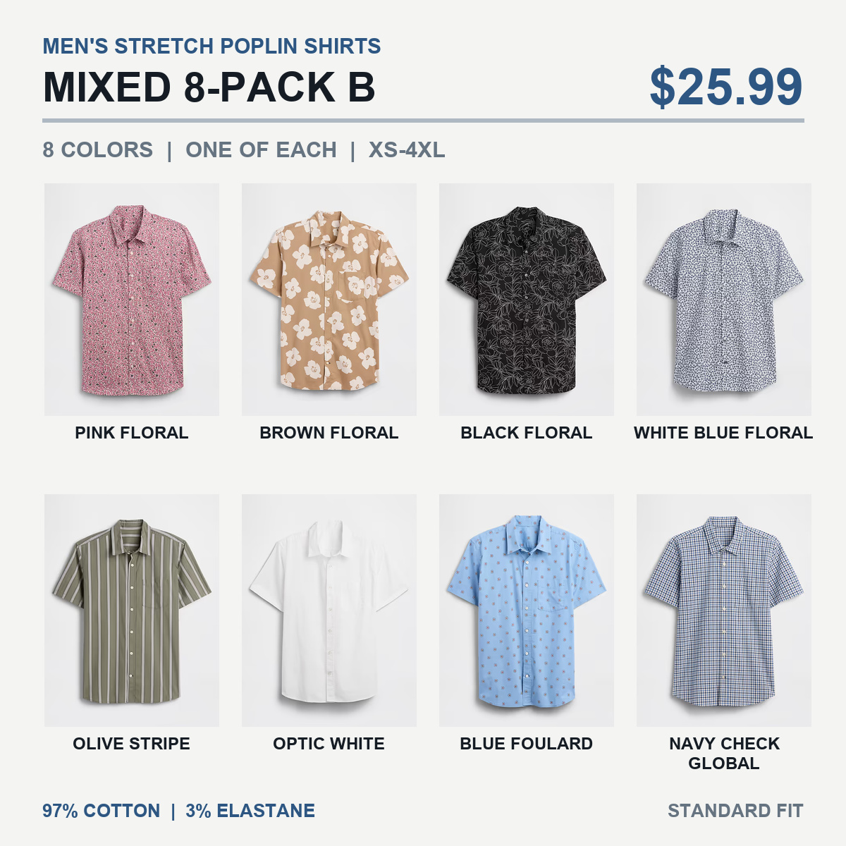 Mixed-color stretch poplin shirt 8-Pack B