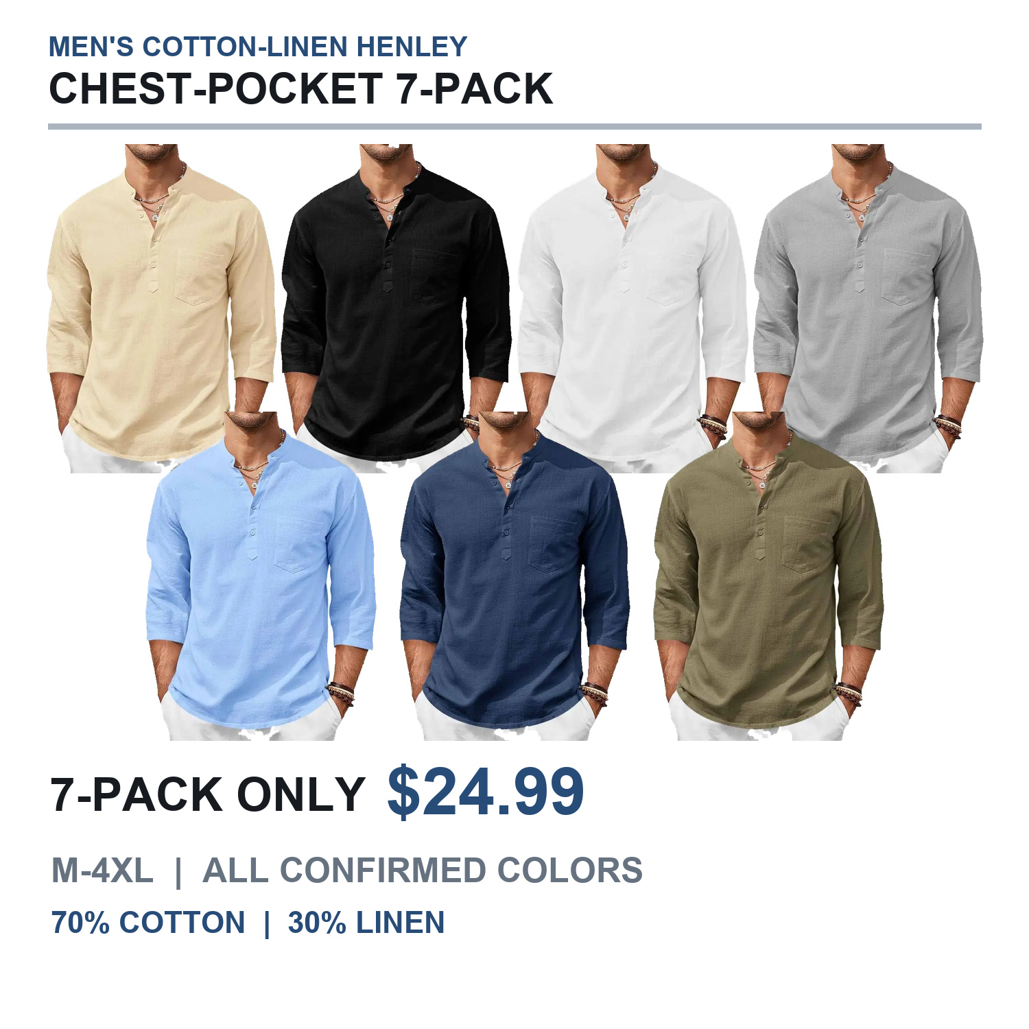 Chest-pocket straight three-quarter-sleeve henley shirts seven-color 7-pack