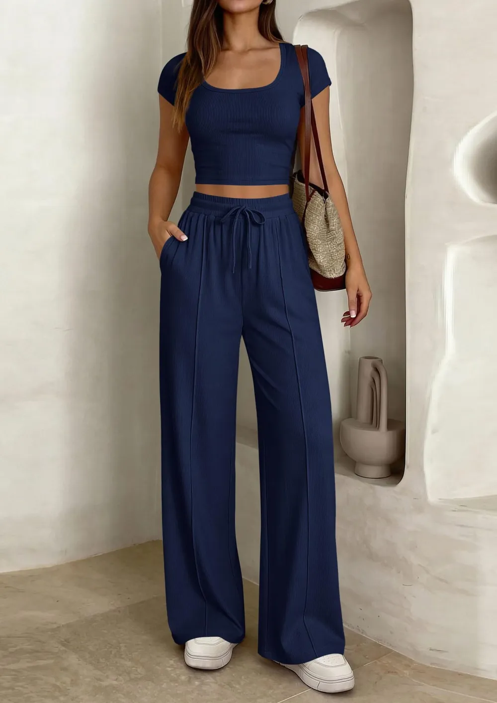 Women's 2 Piece Outfits Square Neck Crop Top High Waist Wide Leg Pants Loungewear Set