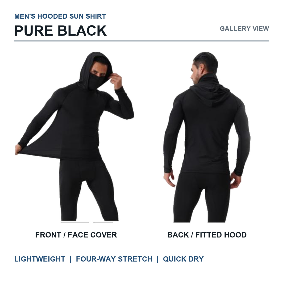 Pure Black men's hooded sun shirt front and back gallery view