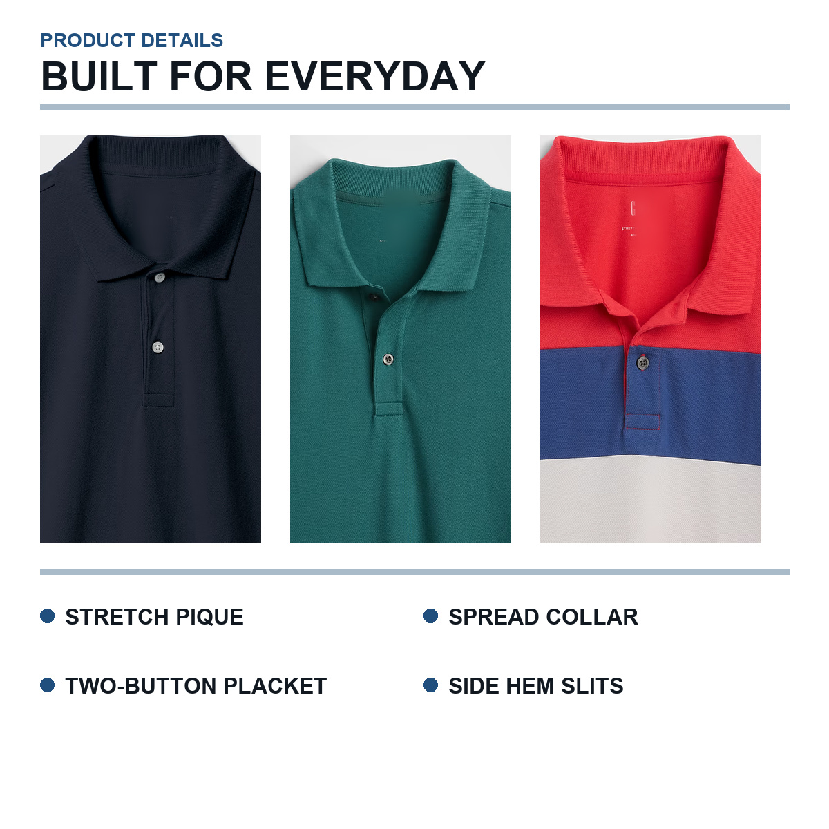 Spread collar, placket, and colorblock construction details