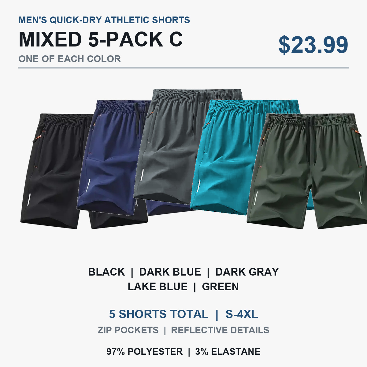 Pack C with Black, Dark Blue, Dark Gray, Lake Blue, and Green athletic shorts