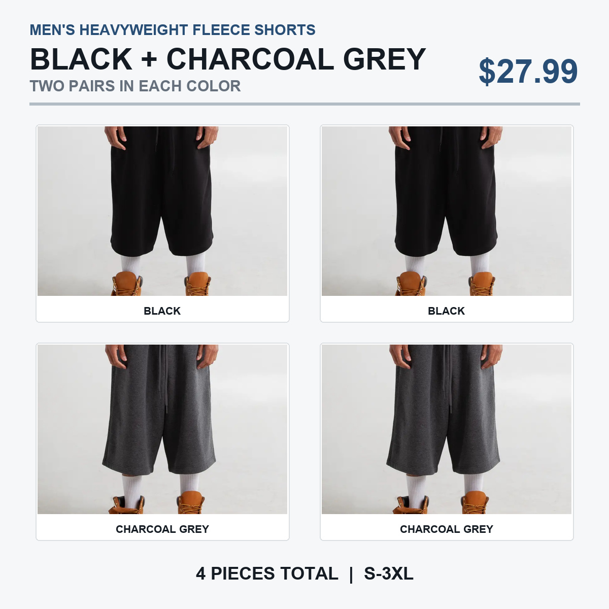 Black and Charcoal Grey fleece shorts pack, two of each color