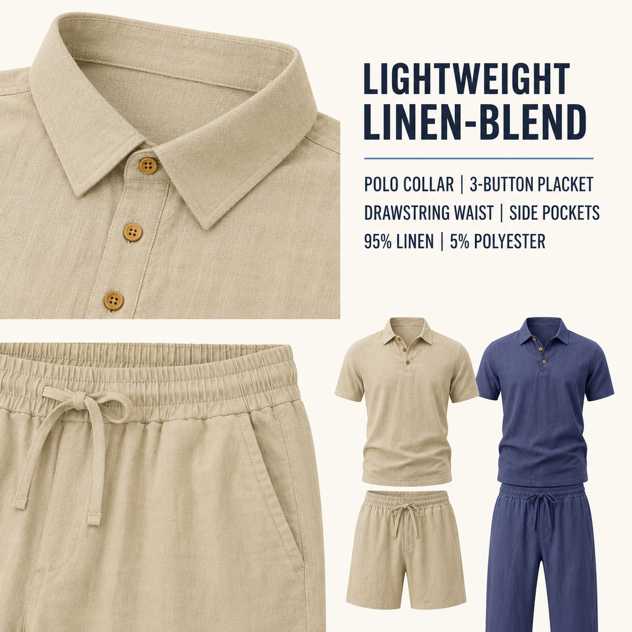 Linen-blend polo shirt and drawstring waist construction details