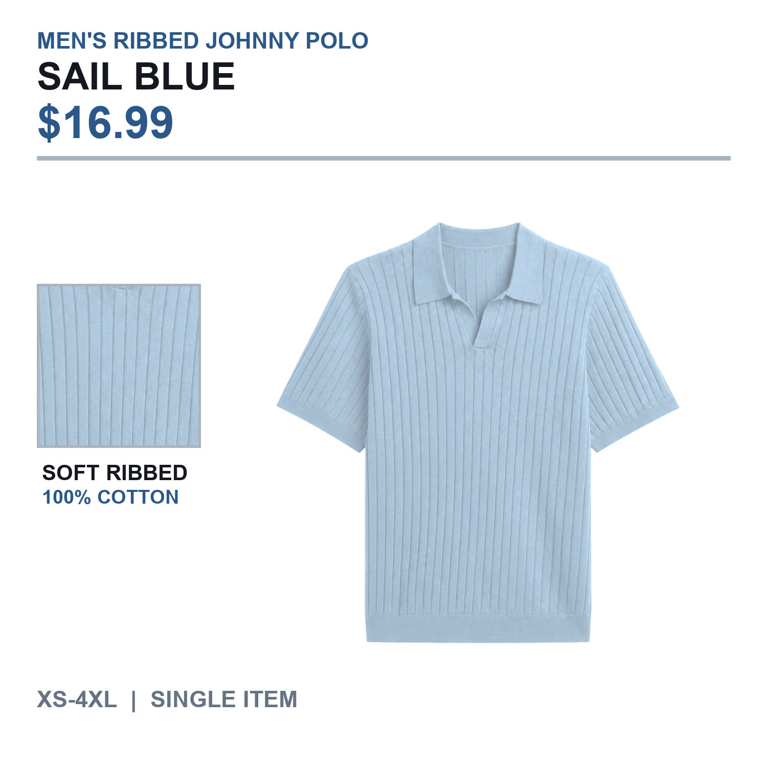 Ribbed Johnny collar polo in Sail Blue