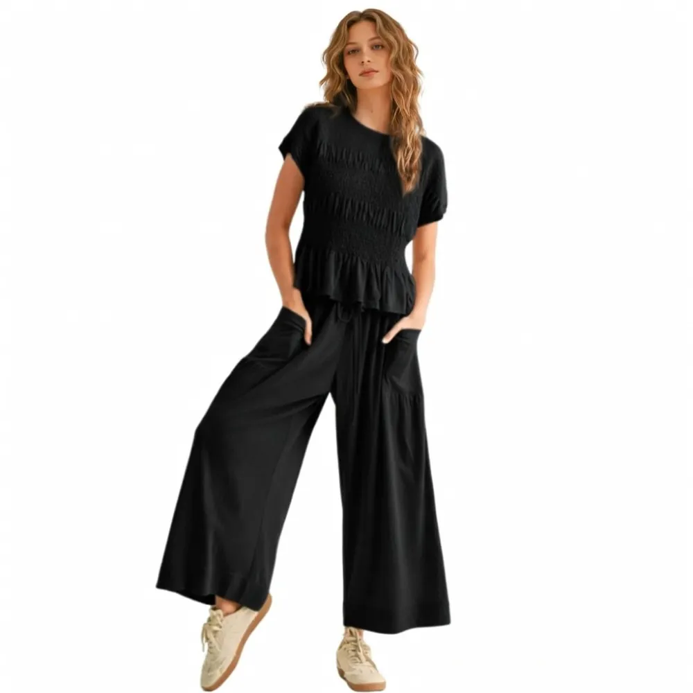 Women’s  2-Piece Smocked Top & Wide-Leg Pants Set