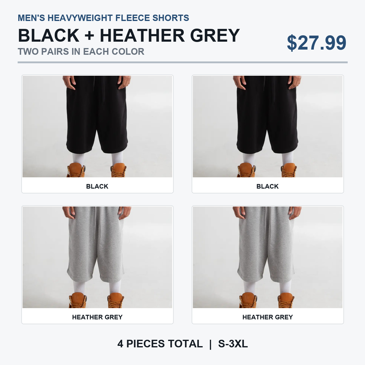 Black and Heather Grey fleece shorts pack, two of each color