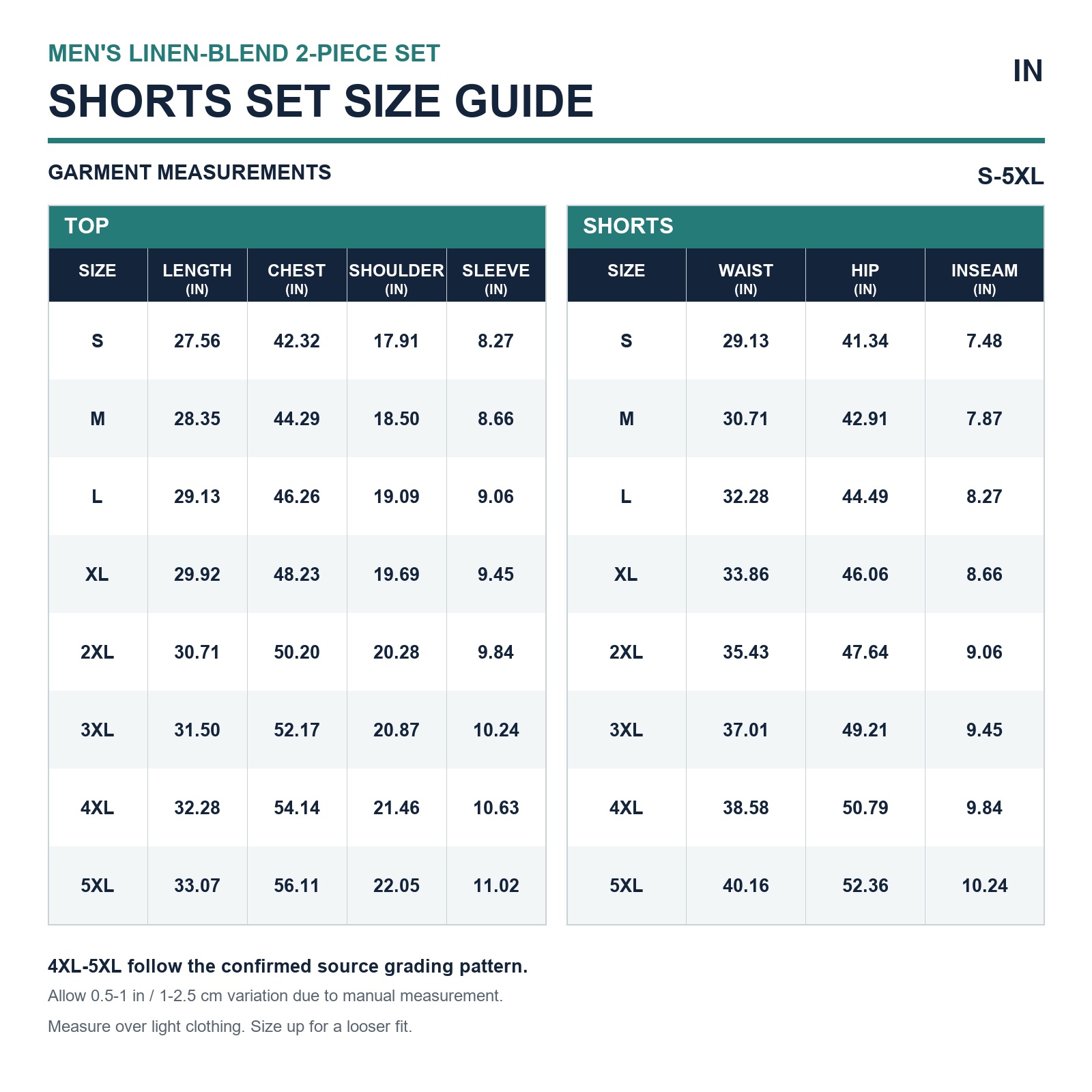 Shorts set size guide in inches