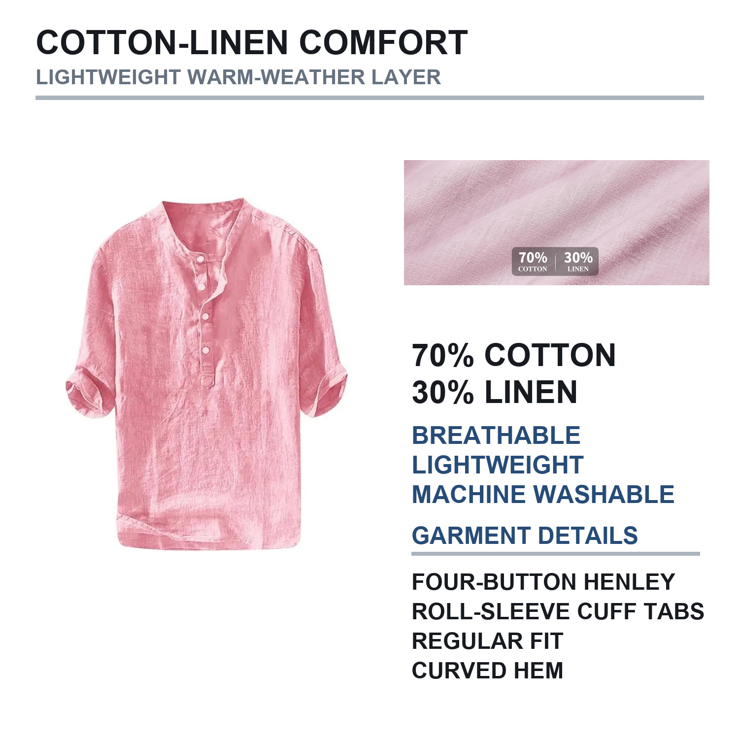 Cotton-linen fabric composition and henley shirt construction details