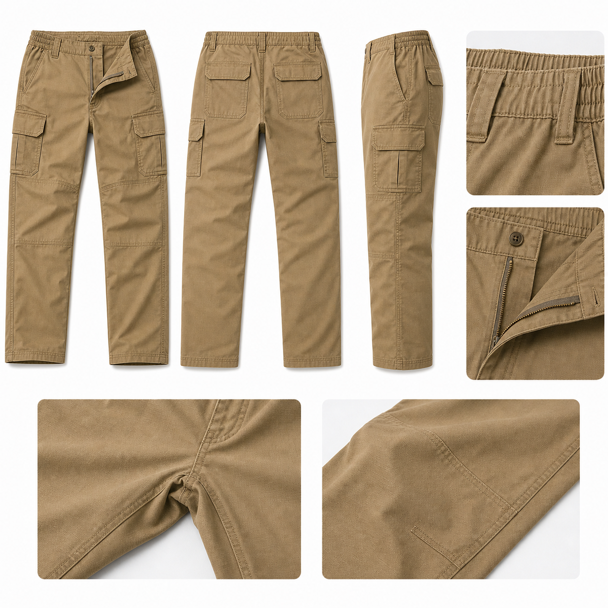 Front back and side construction views of stretch tactical cargo pants