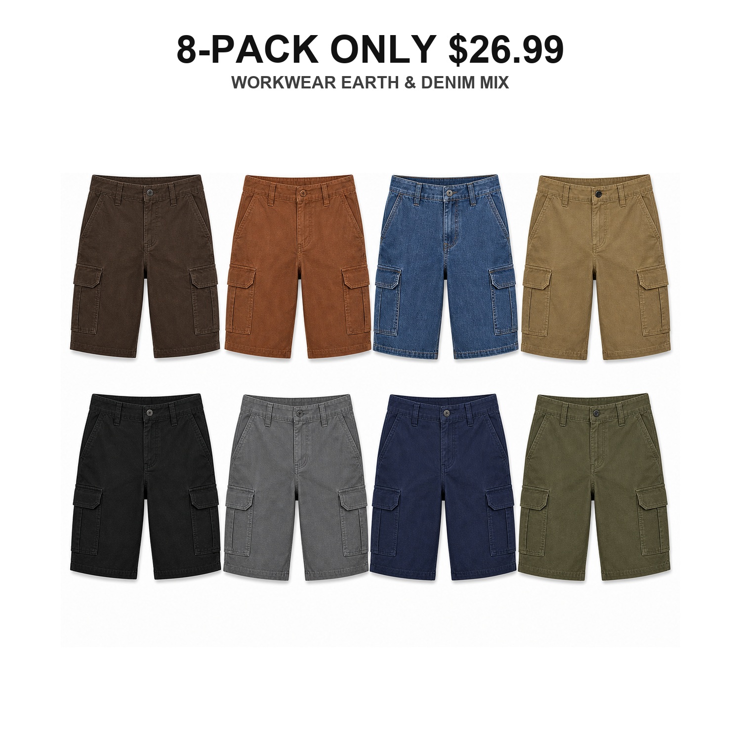 Workwear Earth and Denim 8-pack cargo shorts