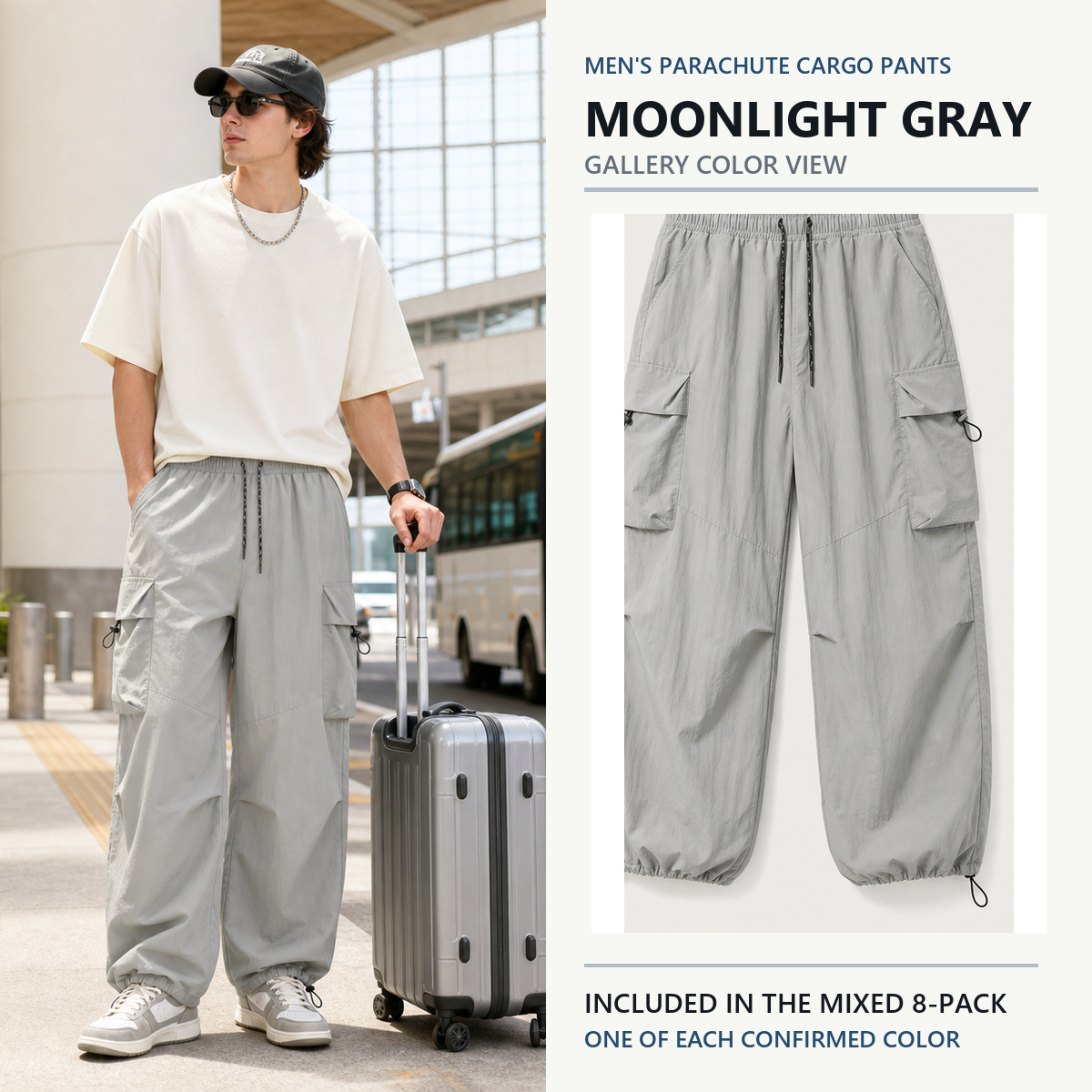 Moonlight Gray parachute cargo pants gallery color view