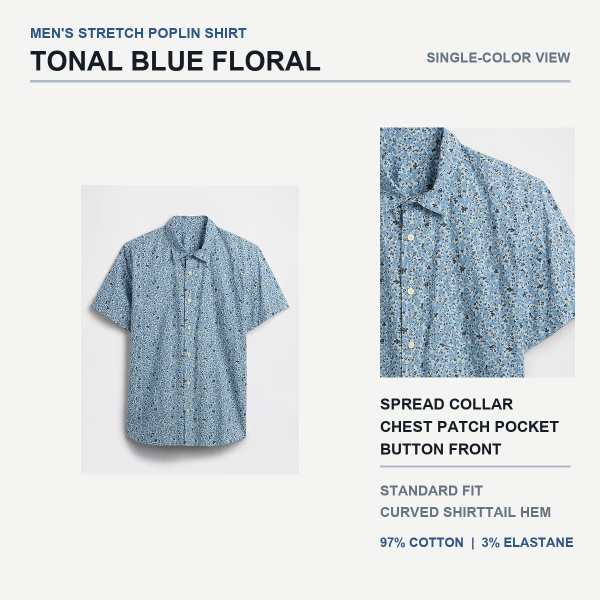 Tonal Blue Floral stretch poplin shirt